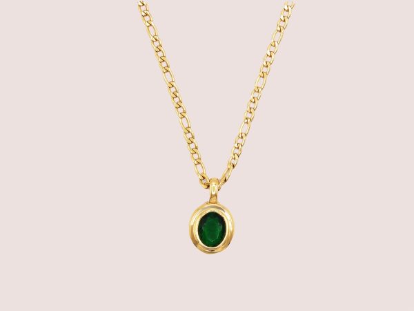 figaro Chain Emerald Cubic Zirconia Pendant PVD Necklace