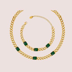 Cuban Chain & Green Cubic Zirconia Necklace