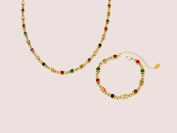 multi-Coloured Gem Set Radiate confidence and sophistication with this stunning necklace and bracelet gem set.