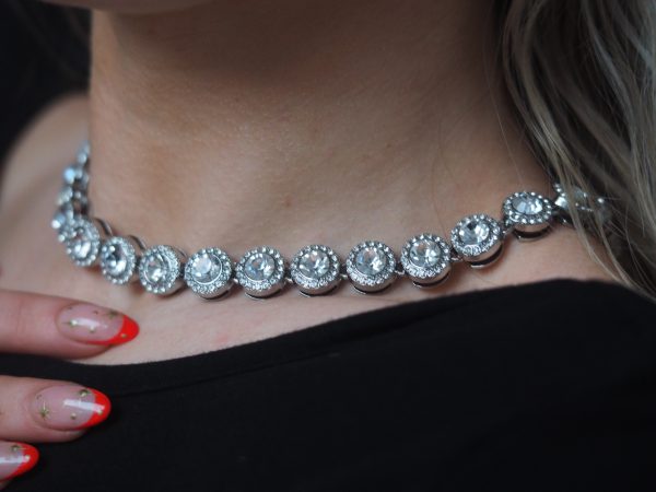 chunky rhinestone necklace on model